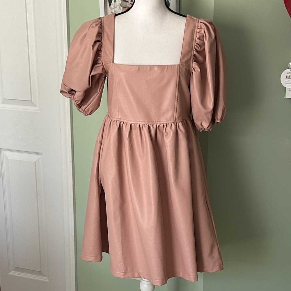 Vegan Leather Mauve Pink Square Neck Puff Sleeve Mini Dress